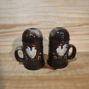 Vintage Brown Drip Paint Salt & Pepper Shakers Roosters Handles Japan Red Clay